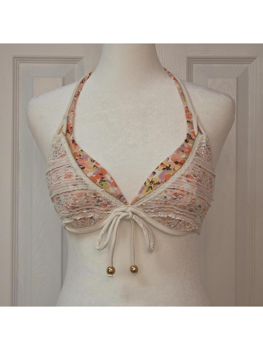 Y2K Lace Overlay Floral Halter Bikini Top Japanese M (S) Tropical Fairy Coquette